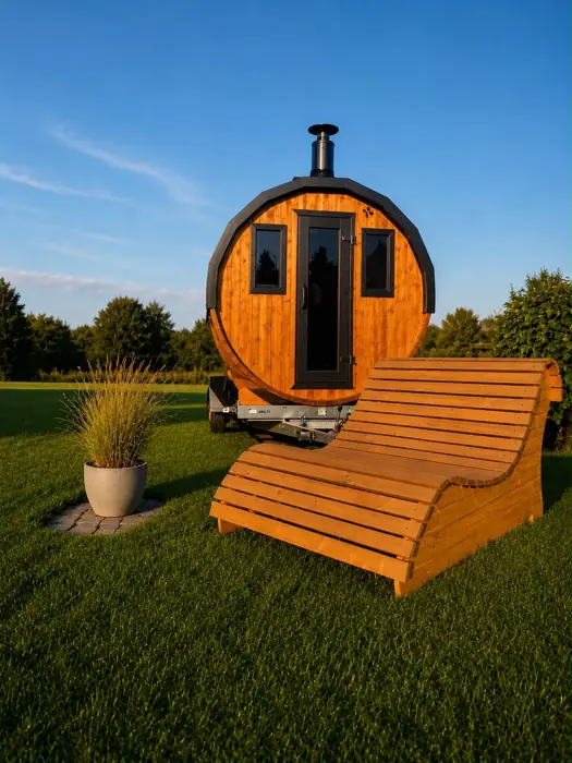 Fasssauna mit Holzliege im Garten