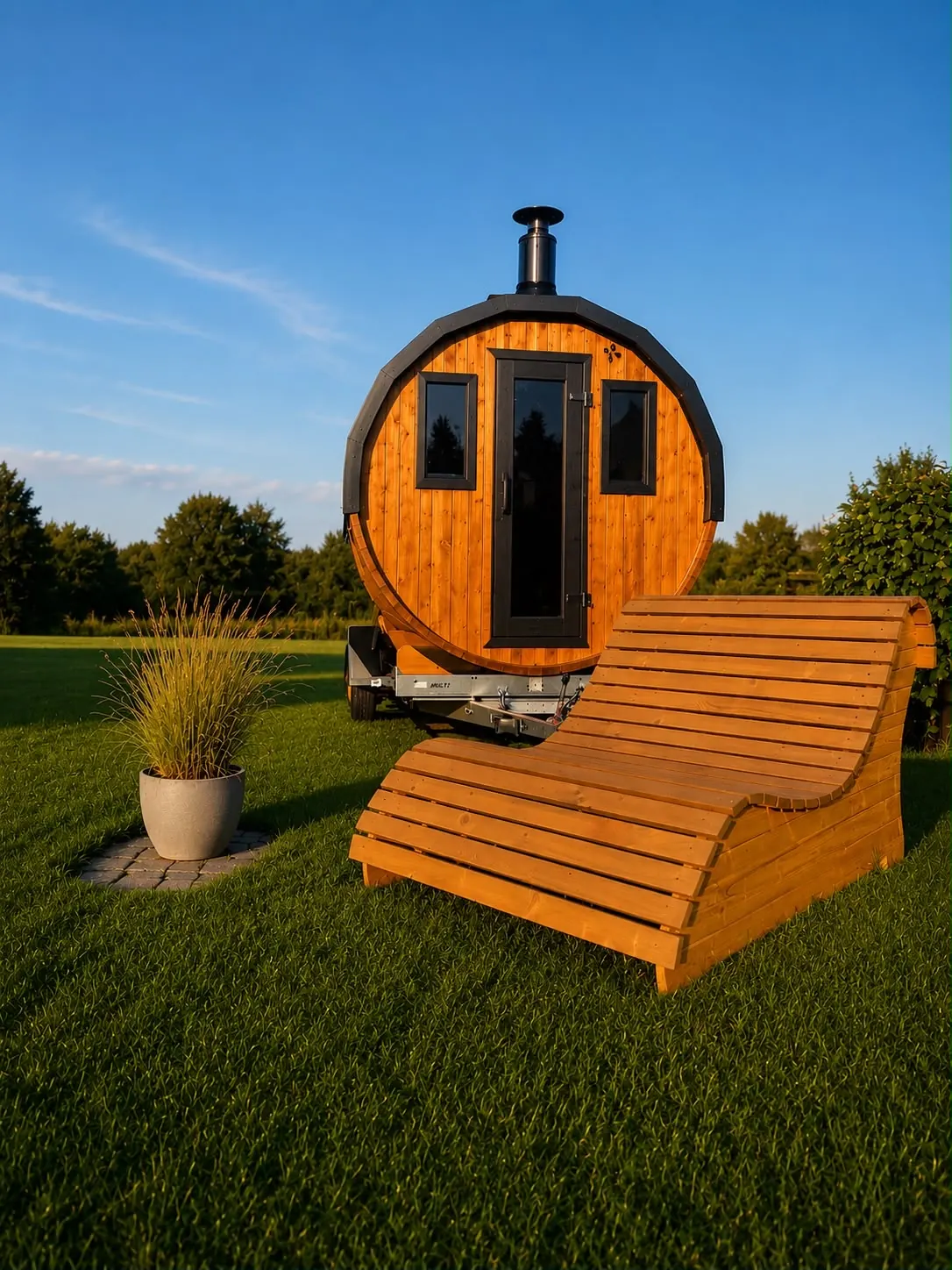 Fasssauna im Garten mit Holzliege